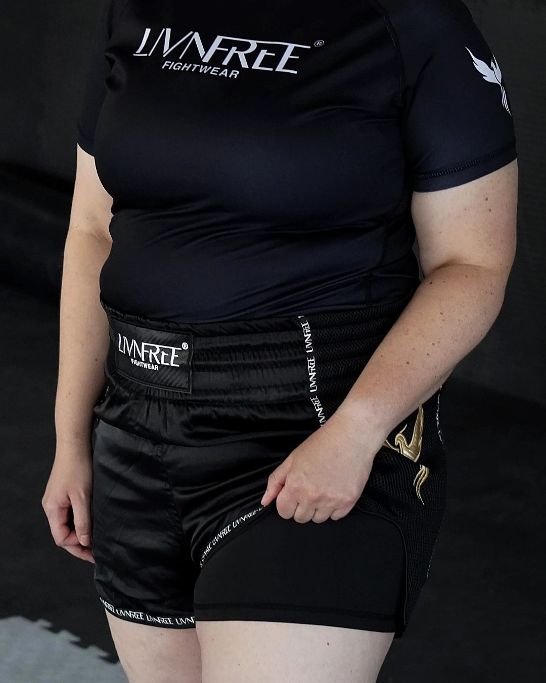 Integrierte Innenshorts der 2-in-1 Muay Thai Shorts Aurelia in Schwarz, Detail