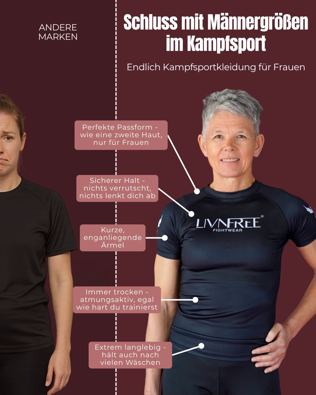 Vergleich von Kampfsportkleidung – links unzufriedene Frau in unpassendem Shirt, rechts Frau in Livnfree Fightwear Rashguard mit perfekter Passform, sicherem Halt, atmungsaktivem Material und langlebiger Qualität – speziell für Frauen im Kampfsport.